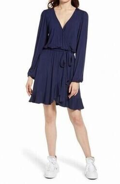 BP Faux Wrap Belted Dress Womens L Large Navy Salute V Neck Long Sleeve Blouson